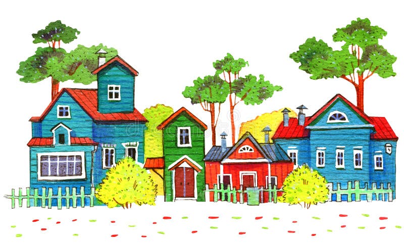 Retro wooden houses in a village. Hand drawn cartoon watercolor illustration. On white background stock illustration