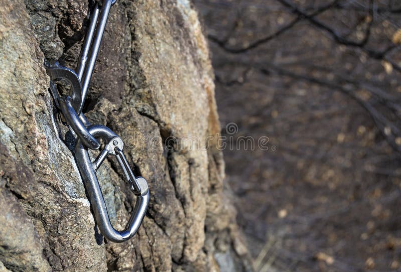 Rock anchor climbing. Mountain anchor for free climbing stock photo