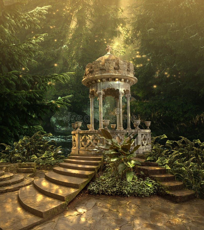 Romantic Fairytale Gazebo in Magical Forest Fantasy Background- 3D illustration vector illustration