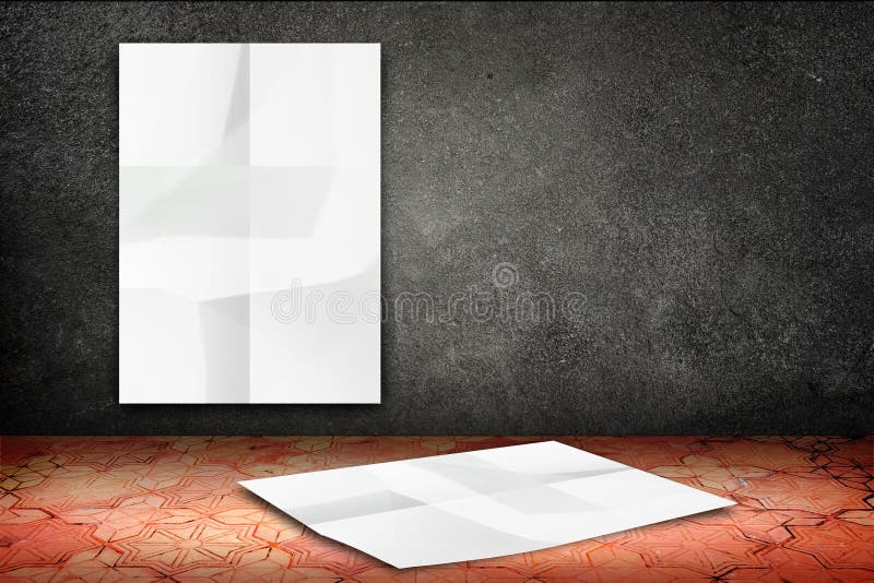 Room with hanging blank crumpled white poster at black stone wall and falling poster at vintage pattern brick floor,Template Mock. Up for display of your royalty free stock photography