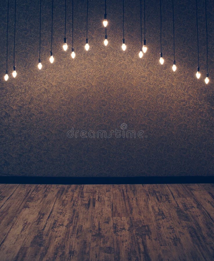 Room with vintage wallpaper and light bulbs hanging from the ceiling. You can install a person on the background stock photo