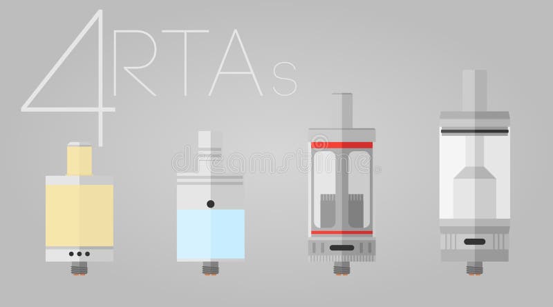 4 RTAs colored set. 4 one colored vaping clearomizers and RTAs set stock illustration