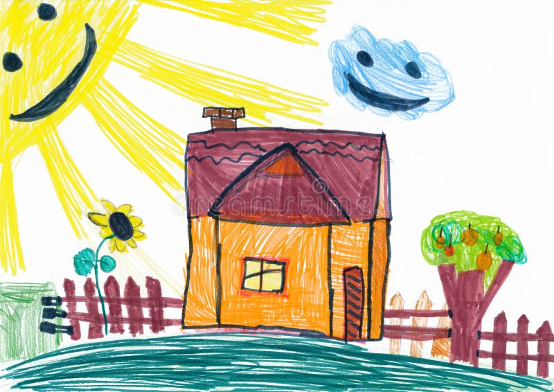 Rural house and smiling sun. childs drawing. Rural house and smiling sun. child