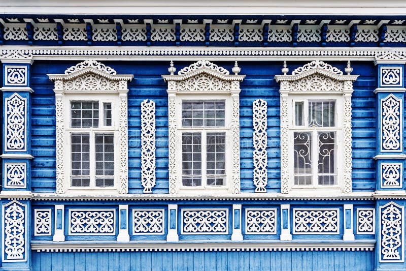 Russian house facade with frames.  stock image