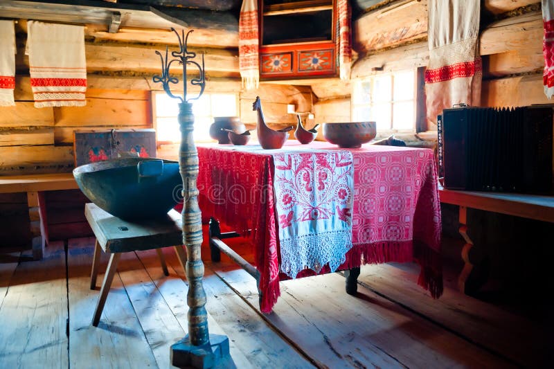 Russian old-fashioned traditional interior hut royalty free stock images