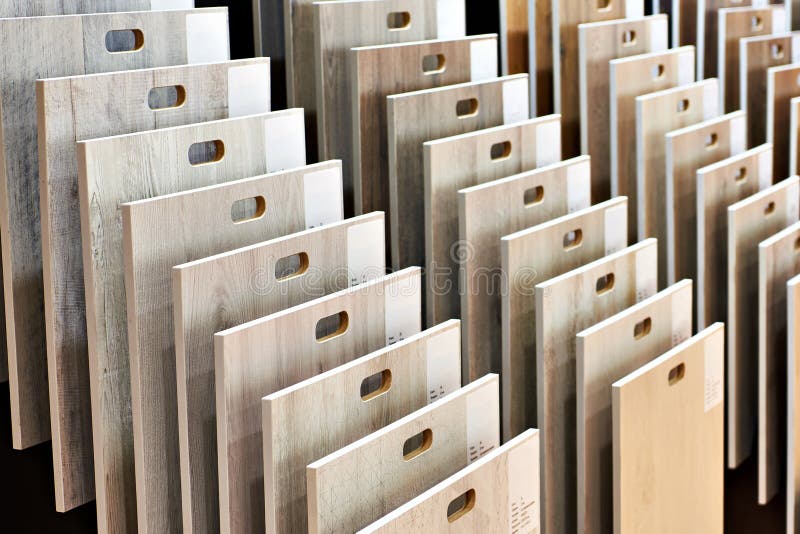 Samples of wooden panels in store stock photo