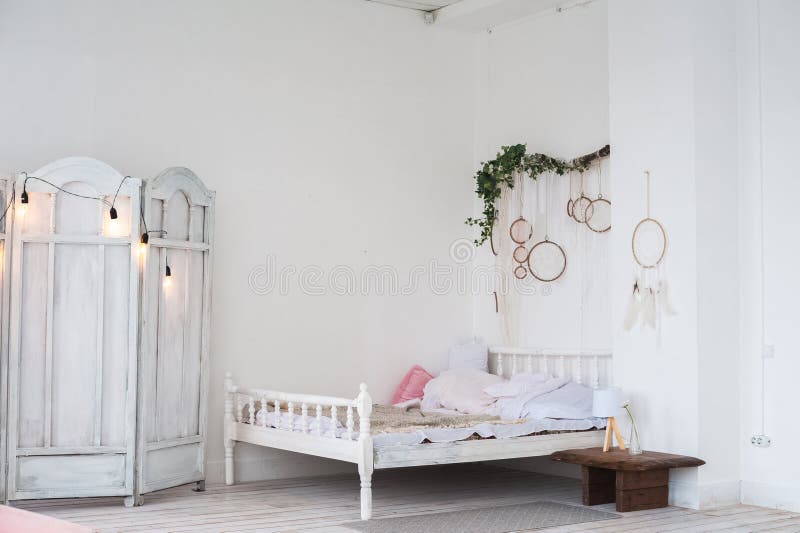 Scandinavian style bedroom decor. Rustic bedroom interior and copy space royalty free stock photography