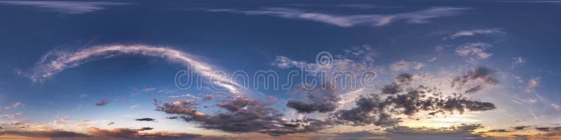 Seamless hdri panorama 360 degrees angle view blue evening sky with beautiful clouds before sunset with zenith for use in 3d stock photos