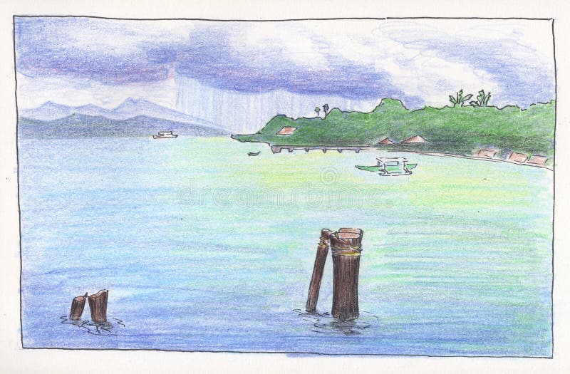 Seaside and lagoon under storm cloud. Handdrawn illustration seaview. Marine travel landscape pencil sketch. Summer holiday drawing. Travel sketch of asian royalty free illustration