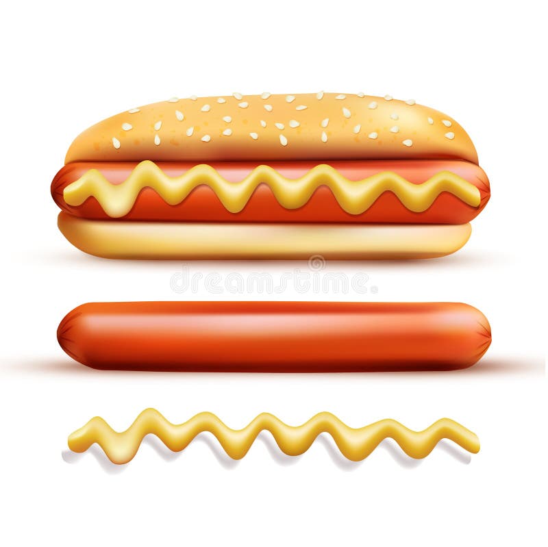 Set consisting of elements: a bun, mustard, sausage vector illustration