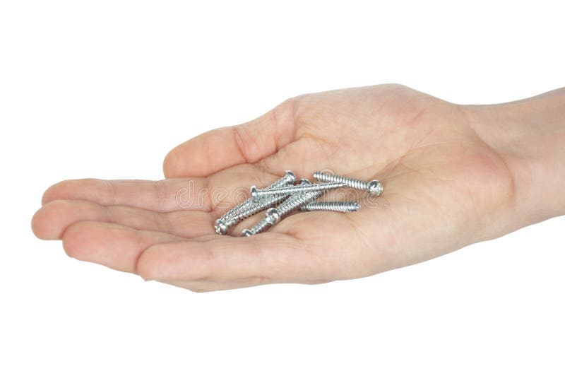 Several self-tapping screws in hand isolated stock photography