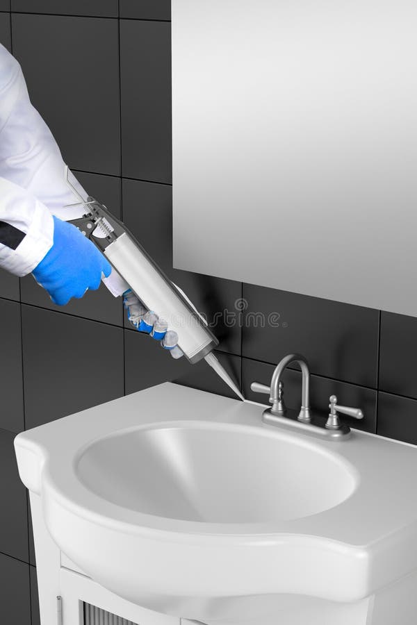 Silicone sealant gun, tiles and Sink in a bathroom. Construction worker with silicone sealant gun in his hand seals joint between the sink and the tiles in stock photo