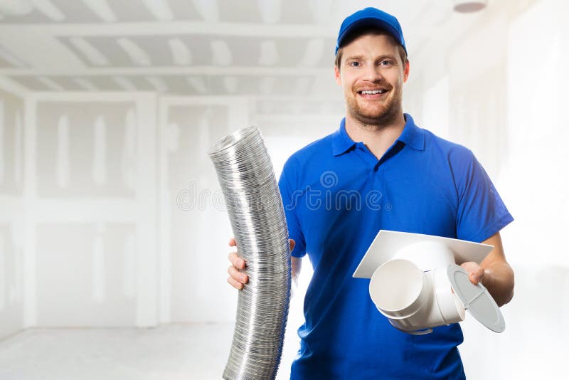 Hvac technician ready to install ventilation system in house stock images