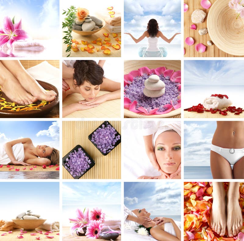 A spa collage with young women, stones and petals stock image