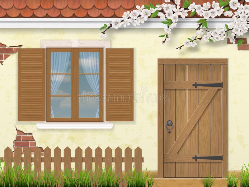Spring old facade window wooden door royalty free illustration