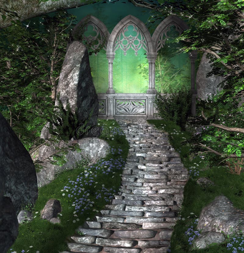 Mysterious portal inside a dark forest stock illustration