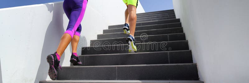 Stairs runners running fitness lifestyle banner. Jogging up staircase training hiit workout. Couple working out legs and. Cardio. Healthy active sport people stock photos