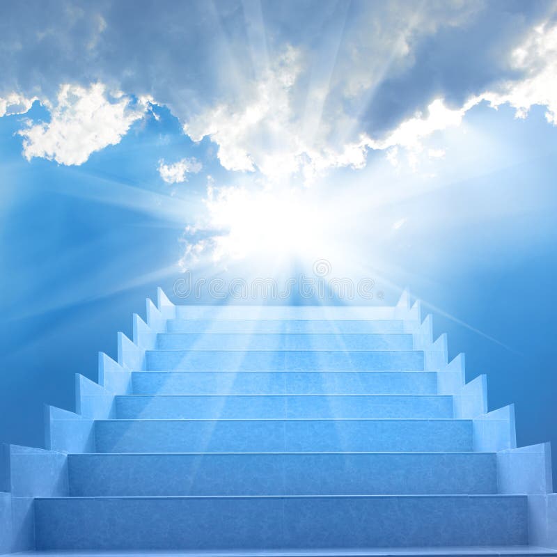 Stairs in the sky. Stairs in sky. Concept with staircase, sun, white clouds and blue background stock images