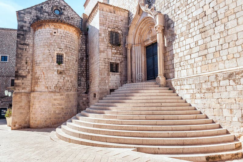 Steep stairs inside the old town of Dubrovnik. Architectural detail stock image