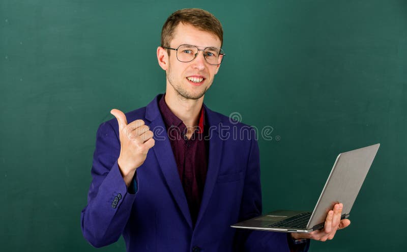 Student study on laptop. modern education concept. young but skilled businessman. typical office worker. man wear royalty free stock image