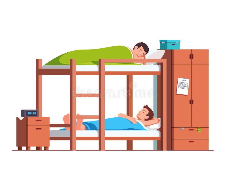 Students friends sleeping on bunk bed in dorm room vector illustration