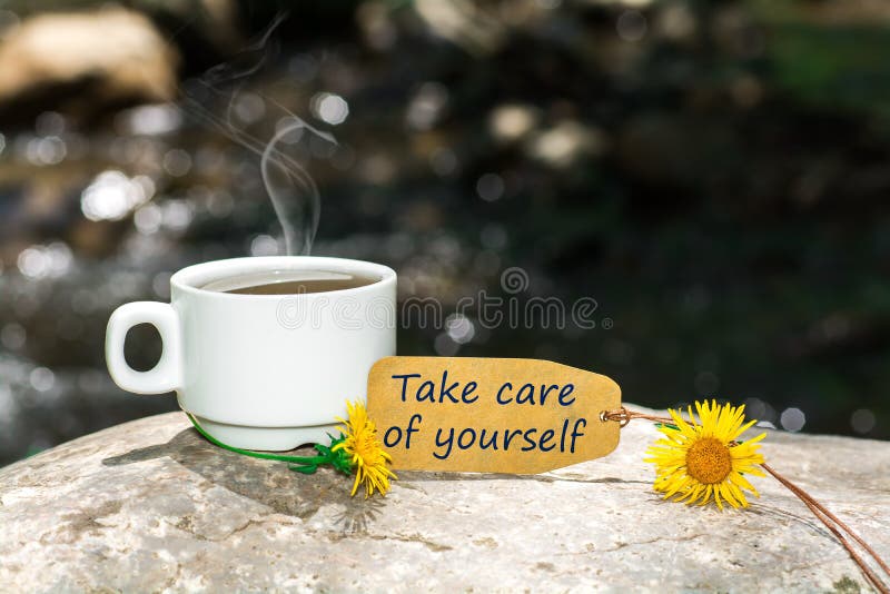 Take care of yourself text with coffee cup royalty free stock photos