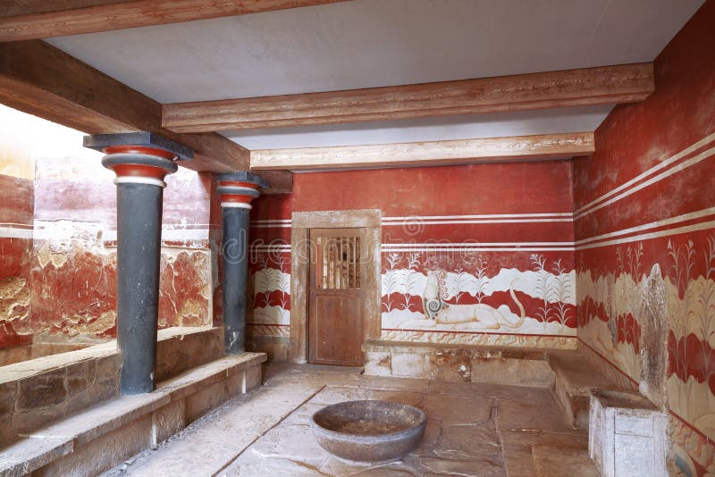 Throne Room with the stone throne and frescoes on the walls. Knossos Palace. Heraklion, Crete. Greece stock images