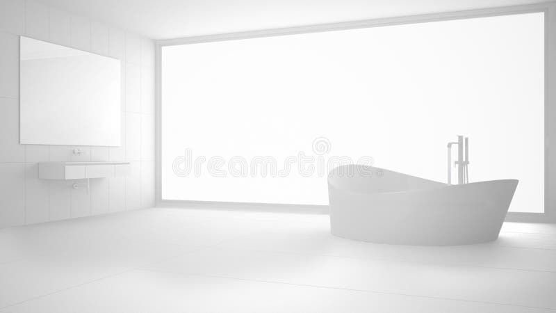 Total white modern bathroom with big window, minimalist interior stock photo