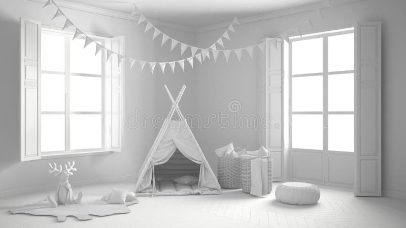 Total white project of child room with furniture, carpet and ten stock photos