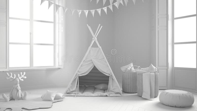 Total white project of child room with furniture, carpet and ten royalty free stock photography