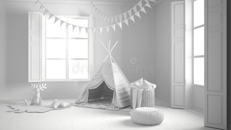 Total white project of child room with furniture, carpet and ten royalty free stock images