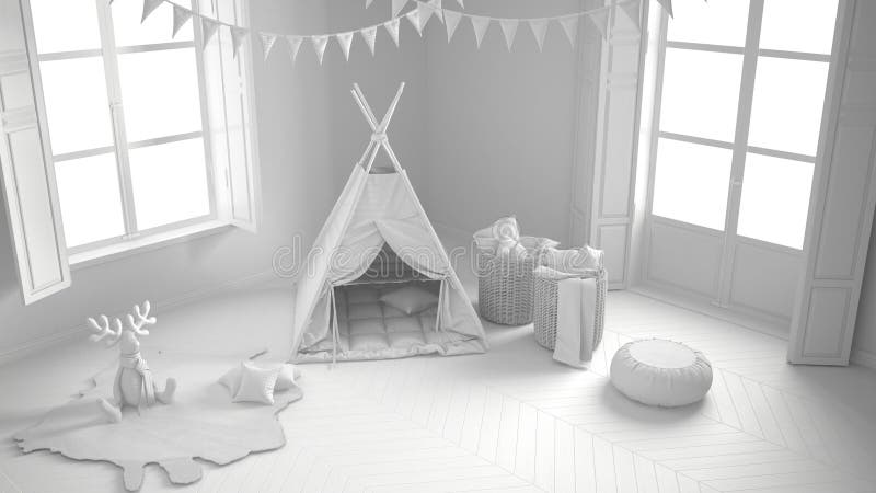 Total white project of child room with furniture, carpet and ten royalty free stock photography