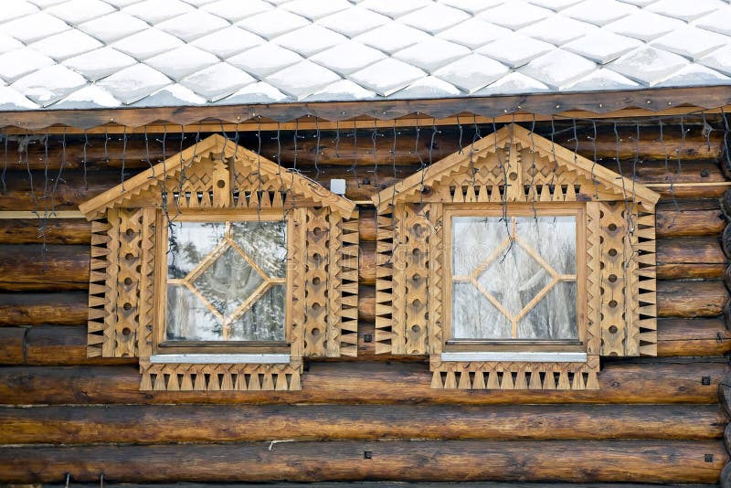 Russia. Penza. Carved platbands on the Windows of a wooden house. stock photo
