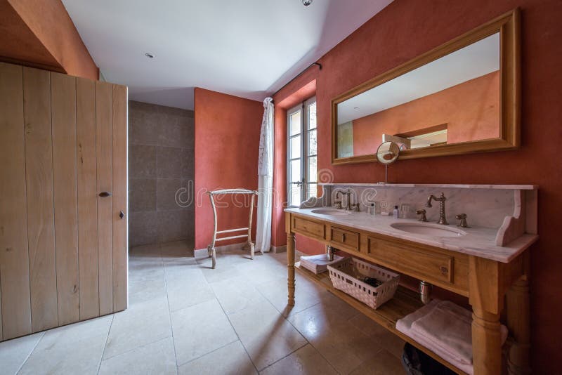 Traditional Interior Bathroom with Two Marble Sinks and Large Mirror, South France, Provence, France stock images