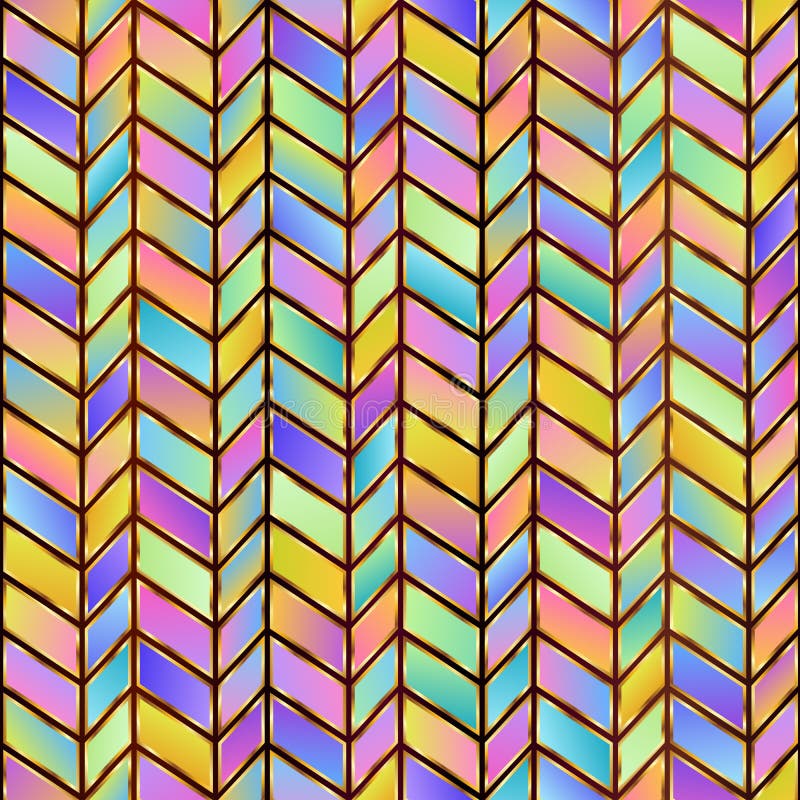 Universal Geometric Abstract Pastel Seamless Pattern of Gradient Blue, Lilac, Pink, Violet, Yellow Parallelograms with Stylized. Gold Outline. .Motley royalty free illustration