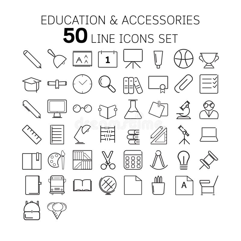 Vector illustration of thin line icons for education and accessories. Vector illustration of thin line icons for education and accessories Linear symbols set royalty free illustration