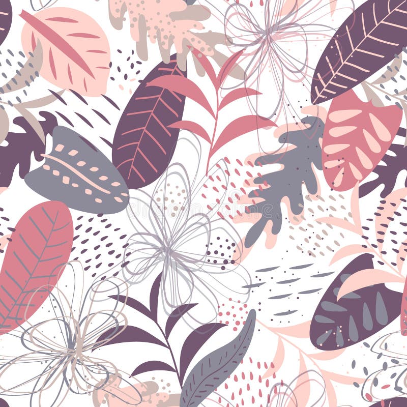 Vector tropical seamless pattern in pastel pink and lilac colors. Elegant tropical background. Seamless texture with floral ornament for fabric, wallpaper stock illustration