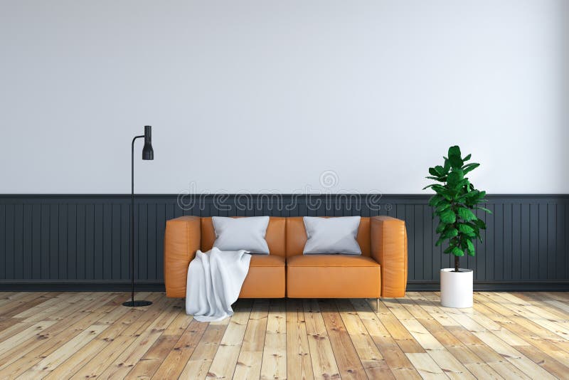 Vintage interior room , brown leather sofa on wood flooring and dark frame wall. /3d render stock illustration