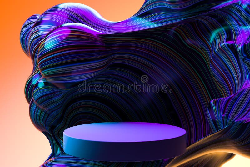Violet Round Showcase with Empty Space Near Abstract Multicolored Liquid Dark Wave On Orange Background. 3d rendering royalty free illustration