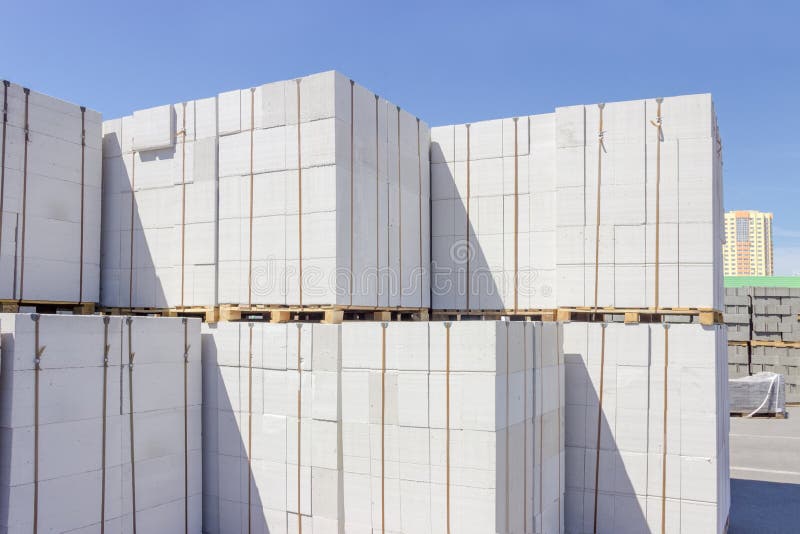 Autoclaved aerated concrete wall panels on an outdoor warehouse stock photography