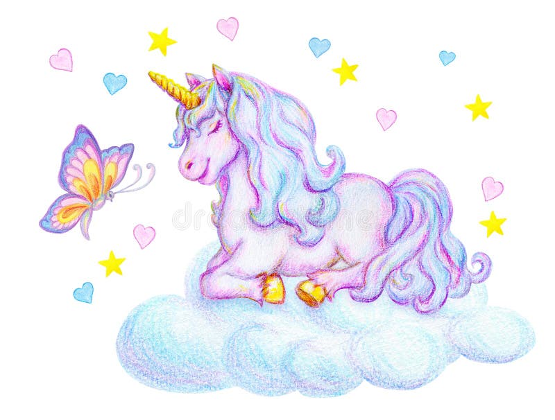 Watercolor pencil drawing of mythical sleeping Unicorn with butterfly on cloud against small pink and blue hearts and stars backgr. Fantasy watercolor pencil vector illustration