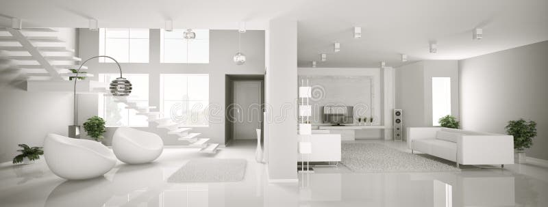 White apartment interior panorama 3d stock illustration