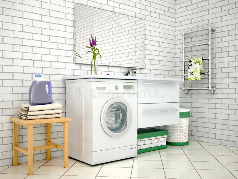 White bathroom with washing machine. royalty free stock image