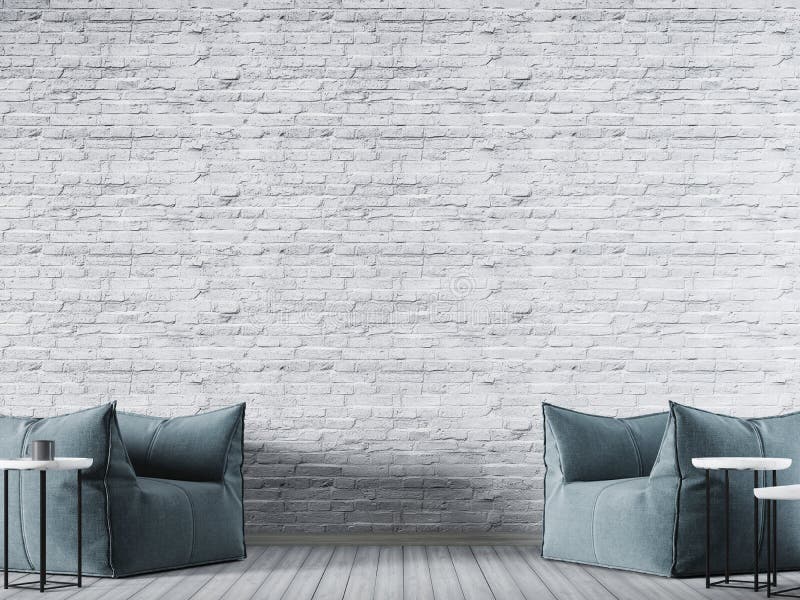 White brick empty wall in modern interior background with blue fabric armchair. stock illustration