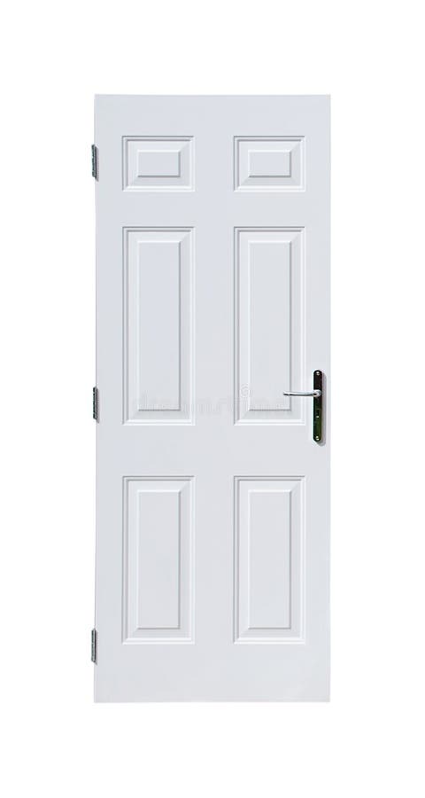 White door. Wooden white door with handle and hinges isolated on white background royalty free stock photos