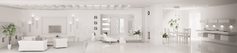 White modern interior panorama 3d render royalty free illustration