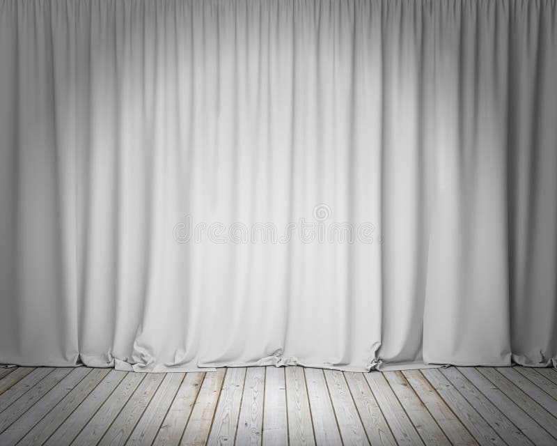 White stage curtain with wooden floor, background vector illustration