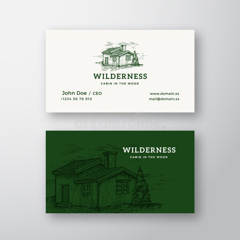 Wilderness Wood Abstract Vintage Vector Logo and Business Card Template. Elegant Wooden Cabin Drawing Sketch with retro. Typography. Premium Stationary vector illustration
