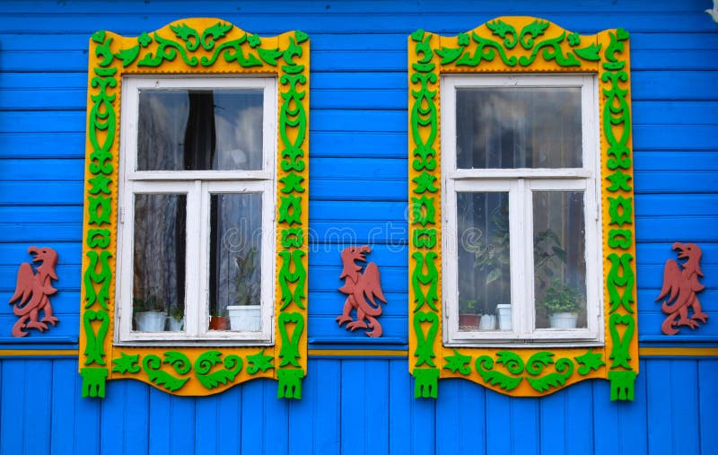 Window of an old russian house decorated with carving, Russia. (Golden ring royalty free stock images