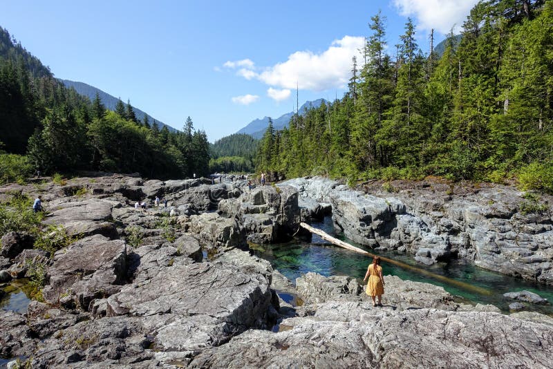 A woman exploring Wally Creek, on the way to Tofino.  The water is magical for swimming, the flowing creek water glistens. With a clear, aquamarine hue that is royalty free stock photo